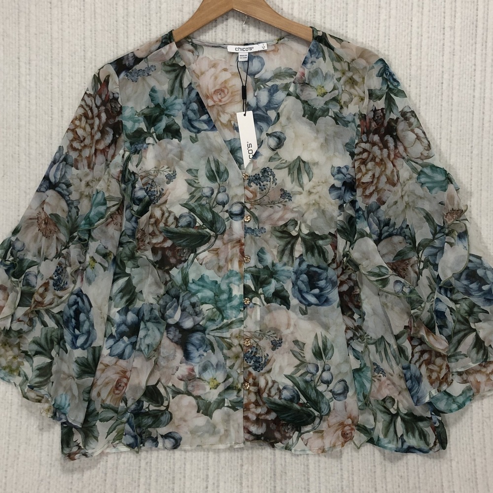 Chico's Romance Rose Smoke Ruffle Detail Blouse Floral Chiffon Size 1 M NEW